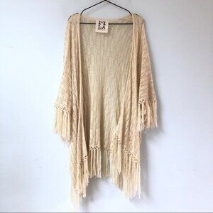 Women's PPLA Cream Open Knit Kimono w/Fringe Trim on Hem & Sleeves, Size S/M
